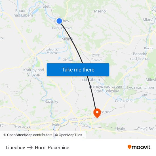 Liběchov to Horní Počernice map