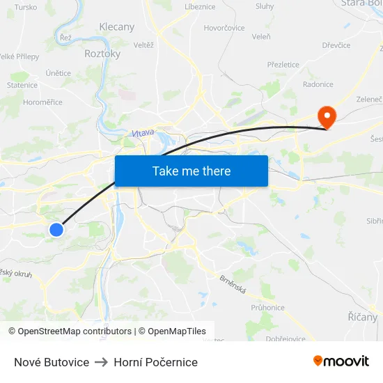 Nové Butovice to Horní Počernice map