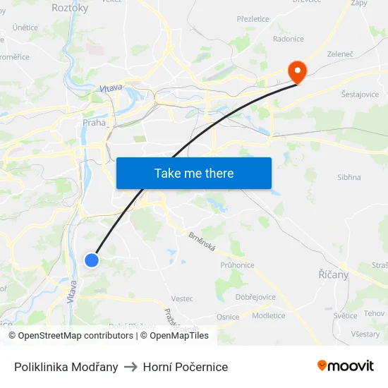 Poliklinika Modřany to Horní Počernice map