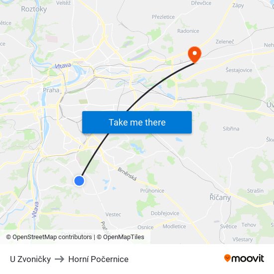 U Zvoničky to Horní Počernice map