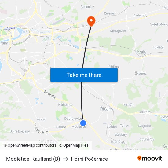 Modletice, Kaufland (B) to Horní Počernice map