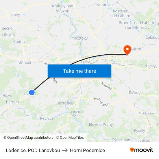 Loděnice, POD Lanovkou (B) to Horní Počernice map