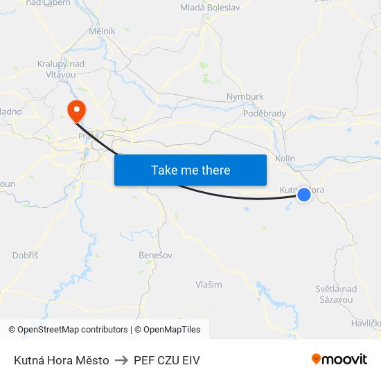 Kutná Hora Město to PEF CZU EIV map