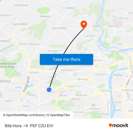 Bílá Hora to PEF CZU EIV map