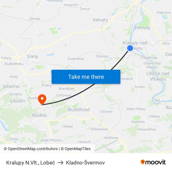 Kralupy N.Vlt., Lobeč to Kladno-Švermov map