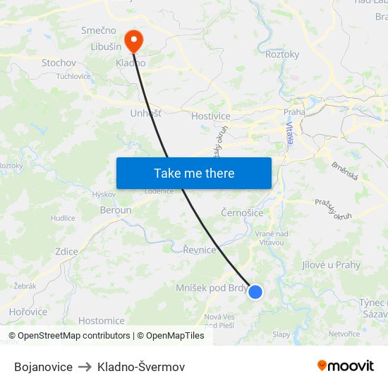 Bojanovice to Kladno-Švermov map