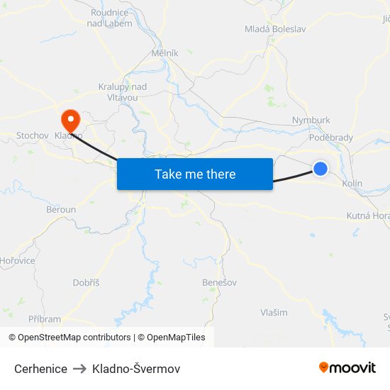 Cerhenice to Kladno-Švermov map