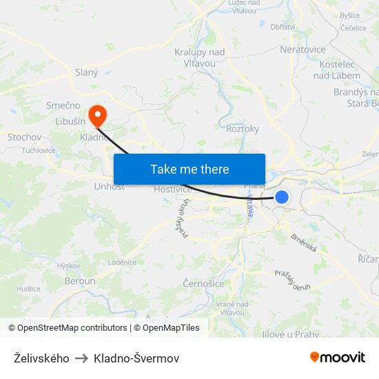 Želivského (G) to Kladno-Švermov map