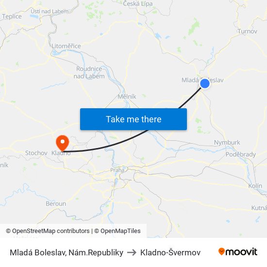 Mladá Boleslav, Nám.Republiky (B) to Kladno-Švermov map