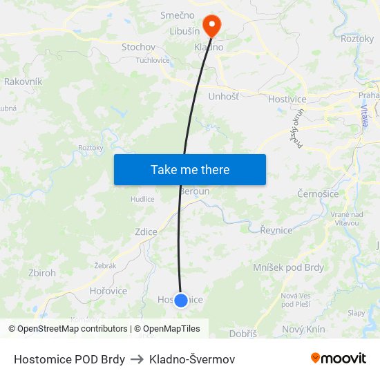 Hostomice POD Brdy to Kladno-Švermov map