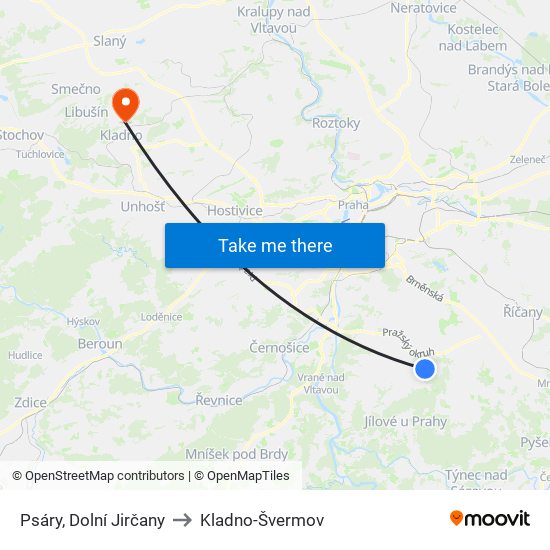 Psáry, Dolní Jirčany to Kladno-Švermov map