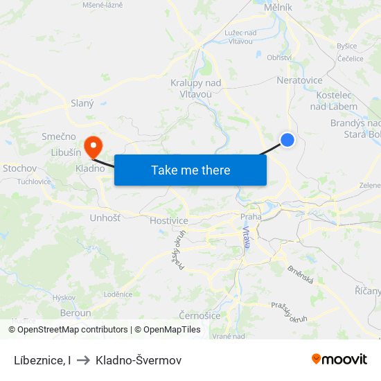 Líbeznice, I (A) to Kladno-Švermov map