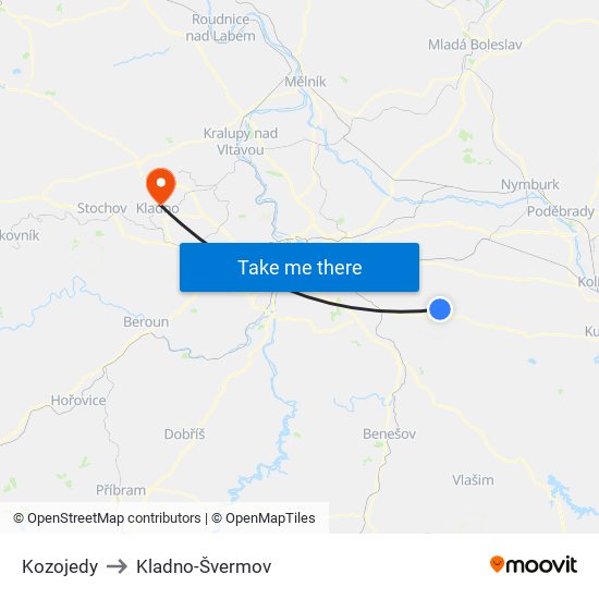 Kozojedy to Kladno-Švermov map