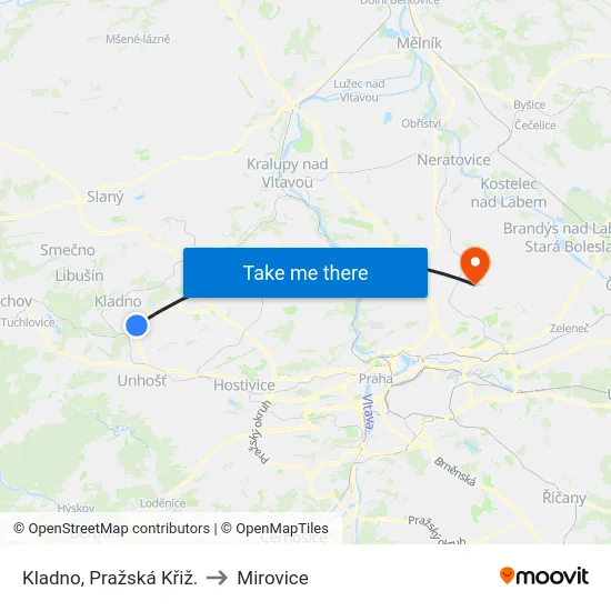 Kladno, Pražská Křiž. to Mirovice map