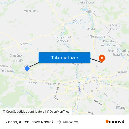 Kladno, Autobusové Nádraží to Mirovice map