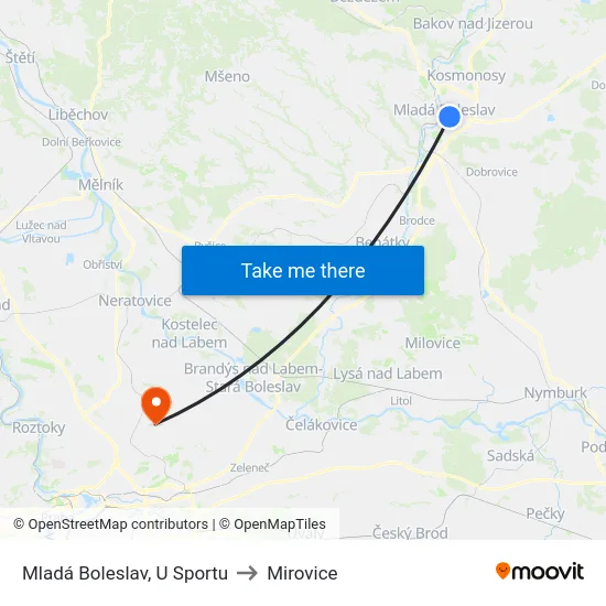 Mladá Boleslav, U Sportu to Mirovice map