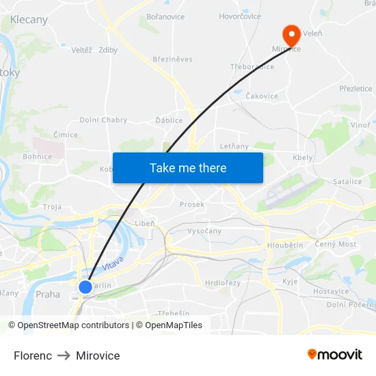 Florenc to Mirovice map