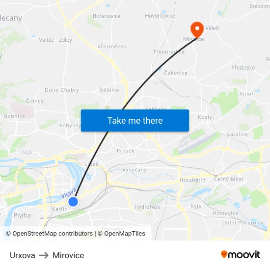 Urxova to Mirovice map