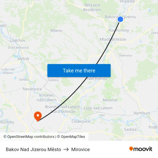 Bakov Nad Jizerou Město to Mirovice map