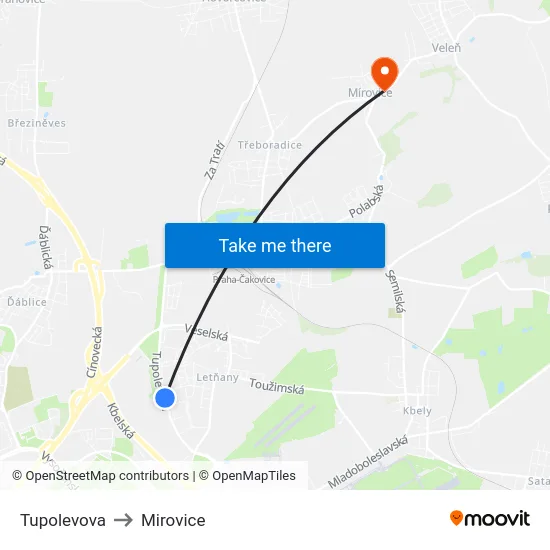 Tupolevova to Mirovice map