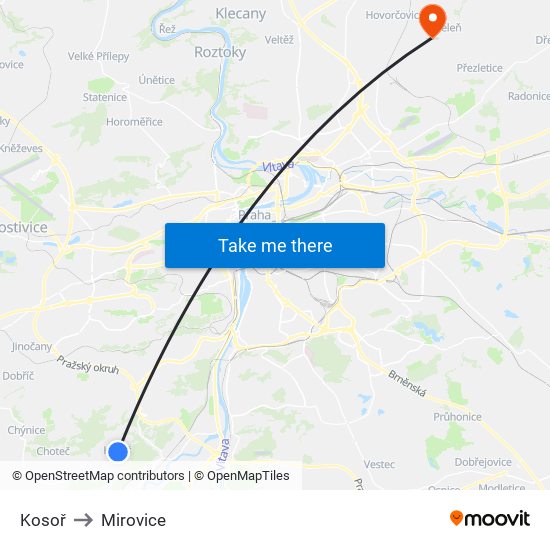 Kosoř to Mirovice map