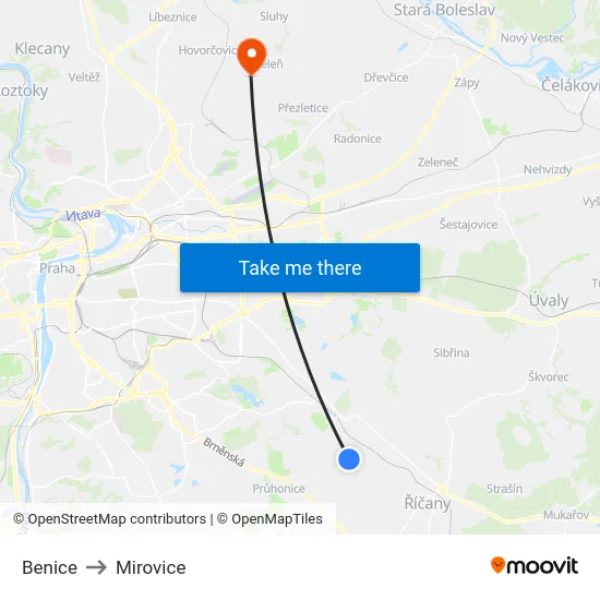 Benice to Mirovice map