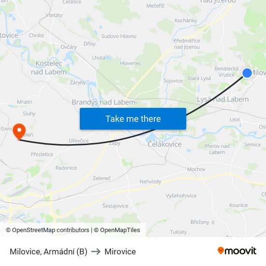 Milovice, Armádní (B) to Mirovice map