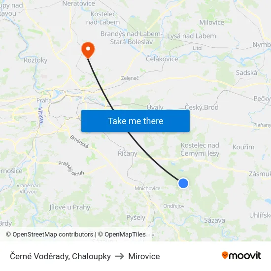Černé Voděrady, Chaloupky to Mirovice map