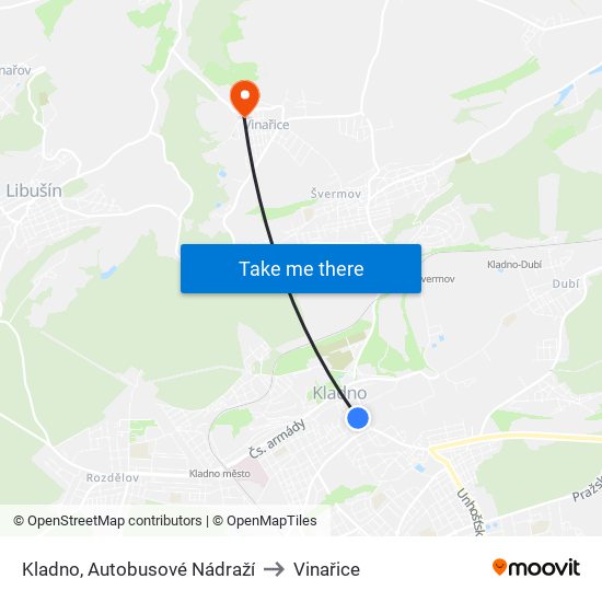 Kladno, Autobusové Nádraží to Vinařice map