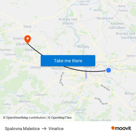 Spalovna Malešice to Vinařice map