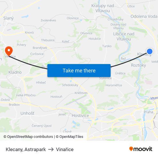 Klecany, Astrapark to Vinařice map