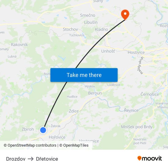 Drozdov to Dřetovice map