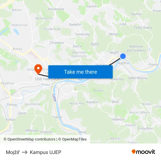 Mojžíř to Kampus UJEP map