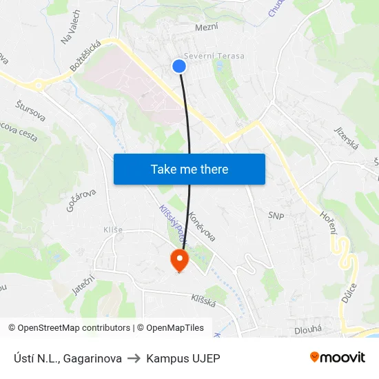 Ústí N.L., Gagarinova to Kampus UJEP map