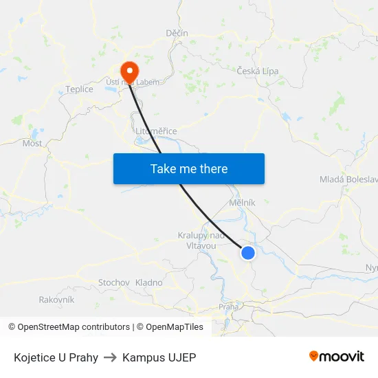 Kojetice U Prahy to Kampus UJEP map