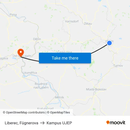 Liberec, Fügnerova to Kampus UJEP map