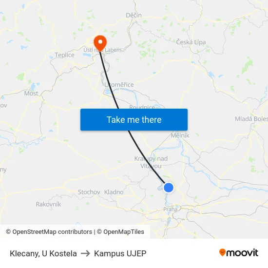 Klecany, U Kostela to Kampus UJEP map