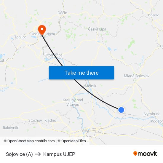 Sojovice (A) to Kampus UJEP map