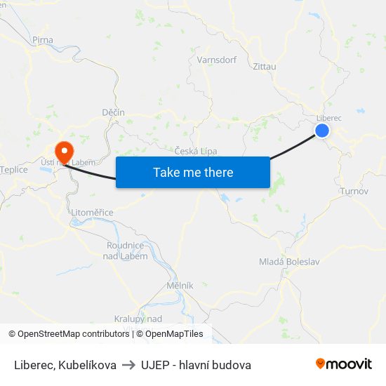 Liberec, Kubelíkova to UJEP - hlavní budova map