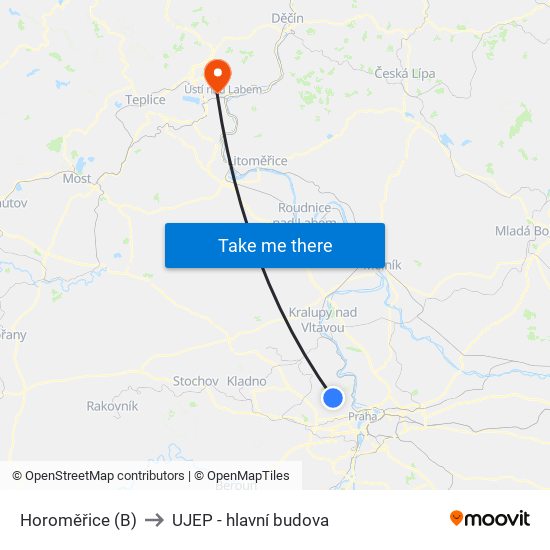 Horoměřice (B) to UJEP - hlavní budova map