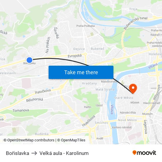 Bořislavka to Velká aula - Karolinum map