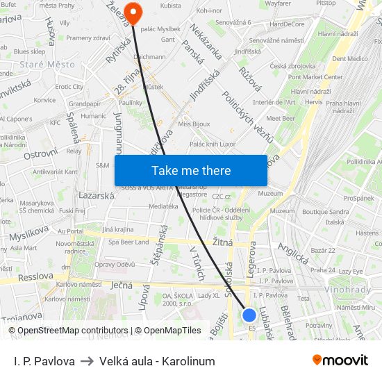 I. P. Pavlova to Velká aula - Karolinum map