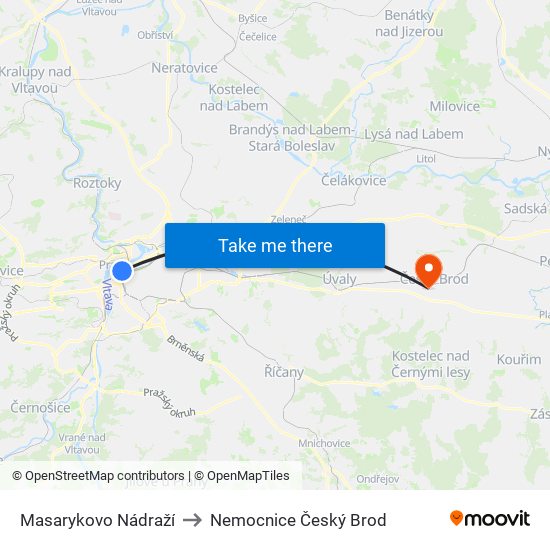 Masarykovo Nádraží to Nemocnice Český Brod map