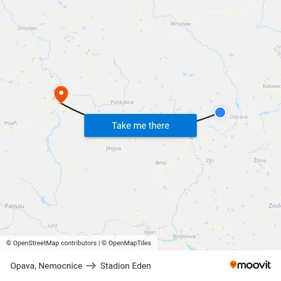 Opava, Nemocnice to Stadion Eden map