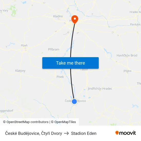 České Budějovice, Čtyři Dvory to Stadion Eden map