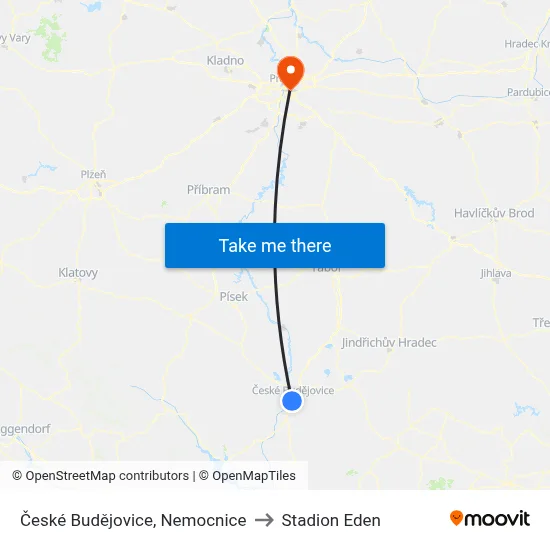 České Budějovice, Nemocnice to Stadion Eden map