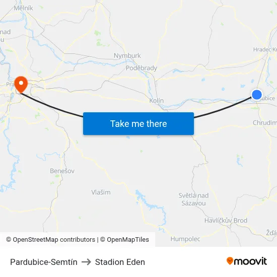 Pardubice-Semtín to Stadion Eden map