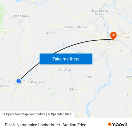 Plzeň, Nemocnice Lochotín to Stadion Eden map