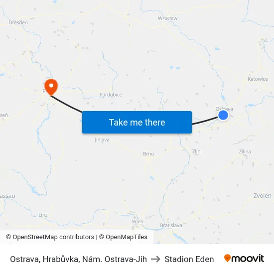 Ostrava, Hrabůvka, Nám. Ostrava-Jih to Stadion Eden map
