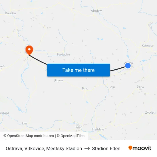 Ostrava, Vítkovice, Městský Stadion to Stadion Eden map